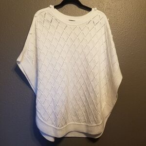 Talbots Medium Poncho Sweater White Pointelle Knit Shoulder Buttons Soft Classic